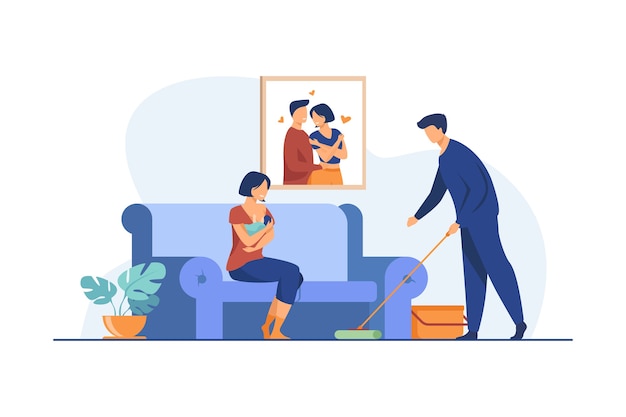 Loving man helping with house routine when woman feeding baby. Breast, family, newborn flat vector illustration. Motherhood and lactation 