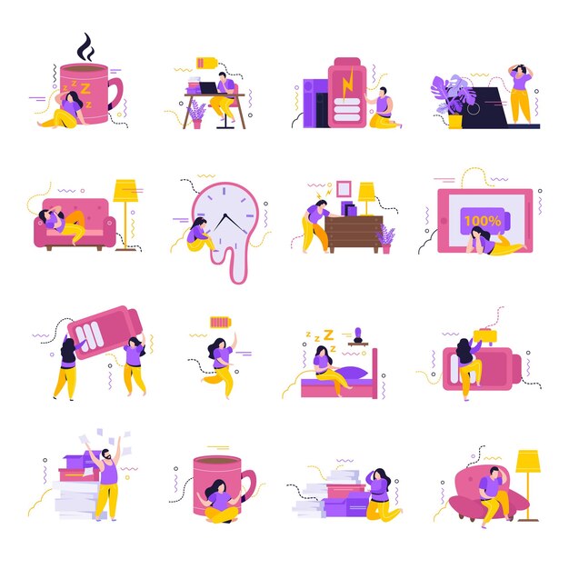 Low energy people icons set with depressed people symbols flat isolated vector illustration