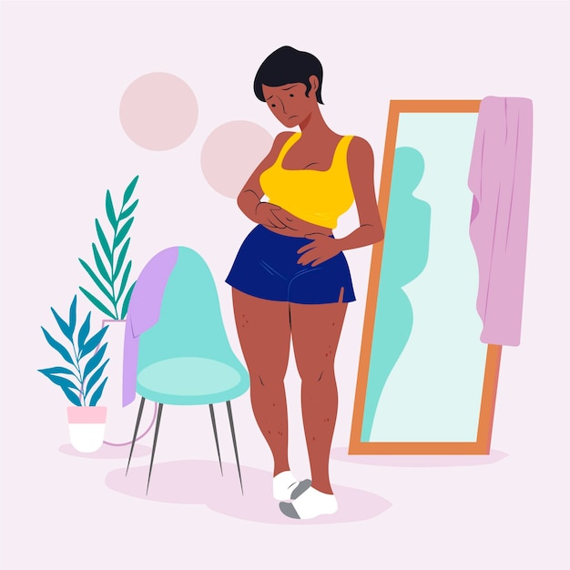 Low self-esteem illustration with woman and mirror