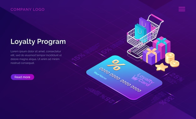 Loyalty program, isometric discount card banner