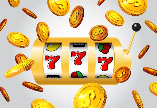 Lucky seven slot machine and flying golden coins on grey background. 