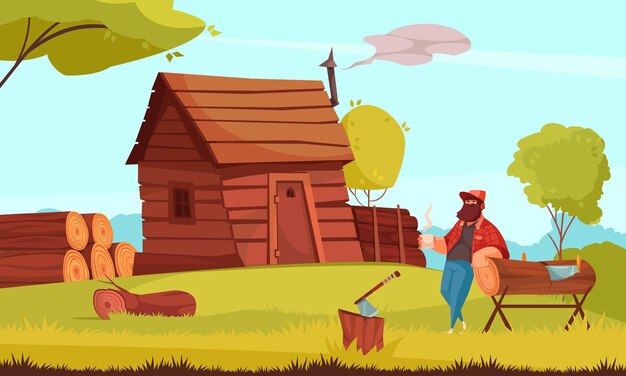 Lumberjack coffee break in front of log cabin house with piles sawn wood cartoon composition