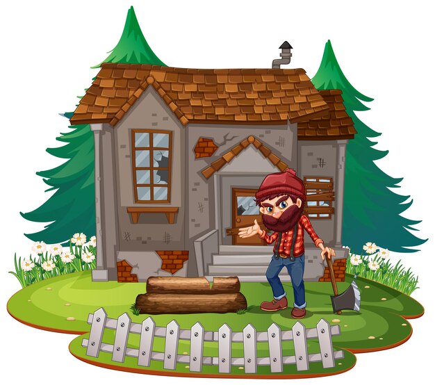 Lumberjack in front of old house