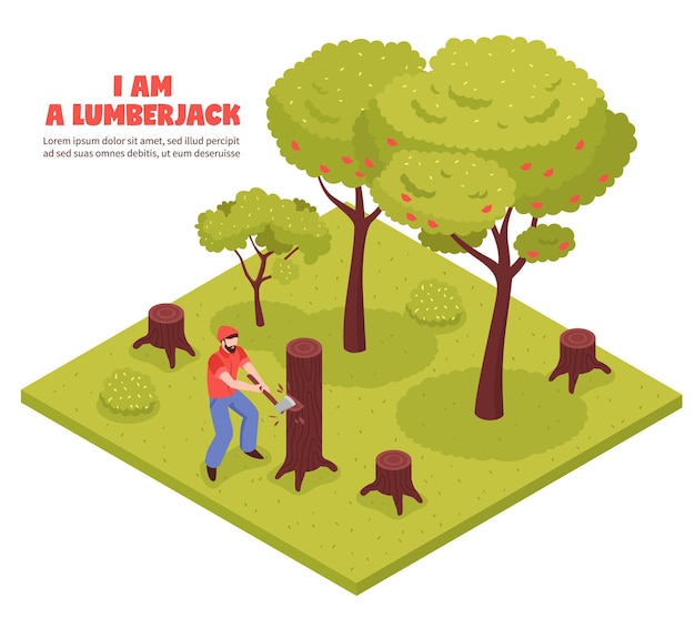 Lumberjack isometric composition with woodcutter chopping trees in forest with hand axe