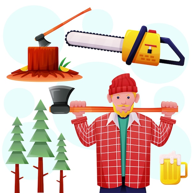 Free Vector lumberjack with professional equipment in cartoon style vector