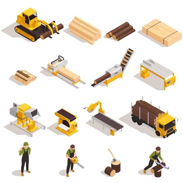 Free Vector lumberjack with saw machinery for wood working and transportation isometric icons set 3d isolated vector illustration