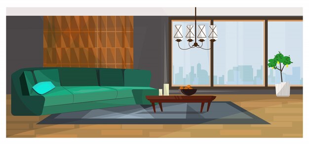 Luxurious living room with panoramic window illustration