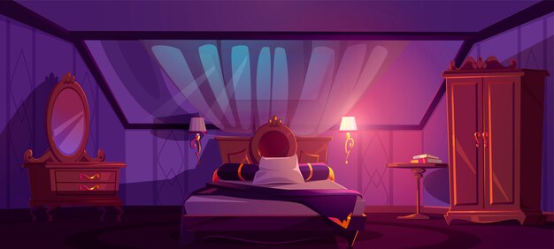 Luxury bedroom interior on attic at night. Vector cartoon mansard sleeping room with bed