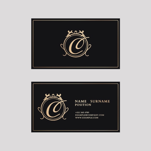 Luxury business card template in gold and black tone with front and rear view flatlay