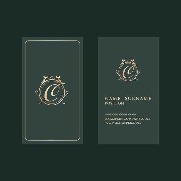 Luxury business card template in gold and green tone with front and rear view flatlay