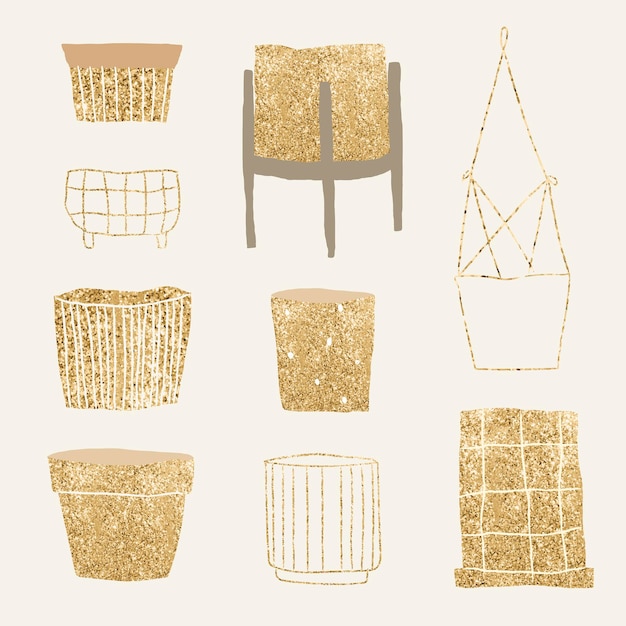 Free vector luxury houseplant pot vector set in glittery gold