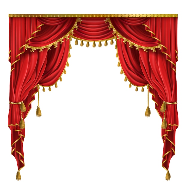 Luxury red curtains in victorian style, with drapery, tied with golden cord 