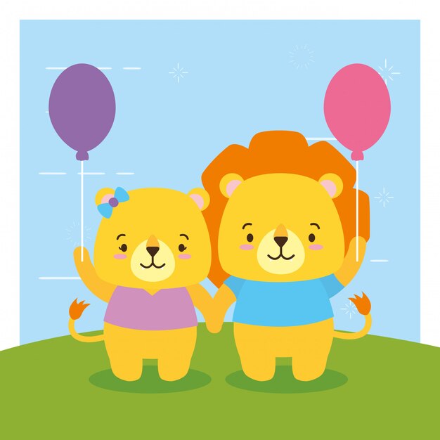 Lyon with balloon, Cute animals, flat and cartoon style, illustration