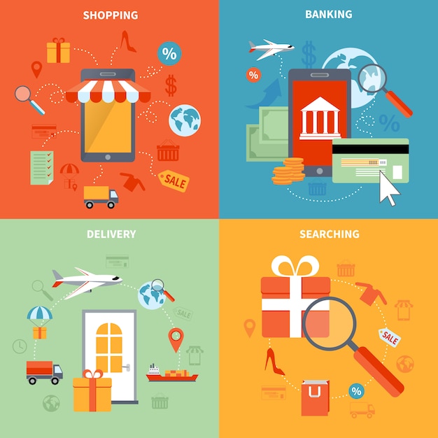  M-commerce and shopping elements set with searching banking and delivery symbols flat isolated vector illustration 