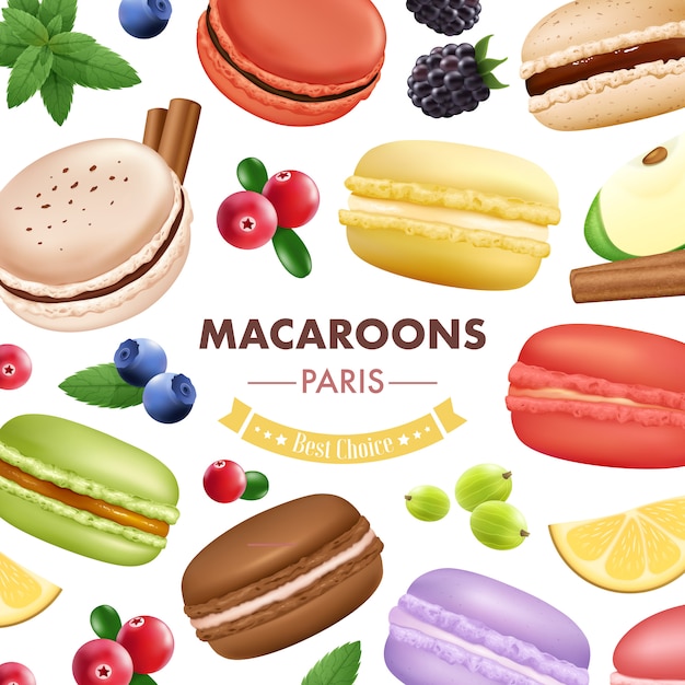 Free Vector macaroon composition with isolated almond cookies mint fruits 