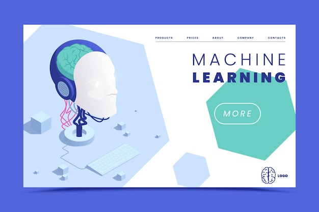 Free vector machine learning deep learning isometric web site landing page with artificial brain clickable links and text vector illustration