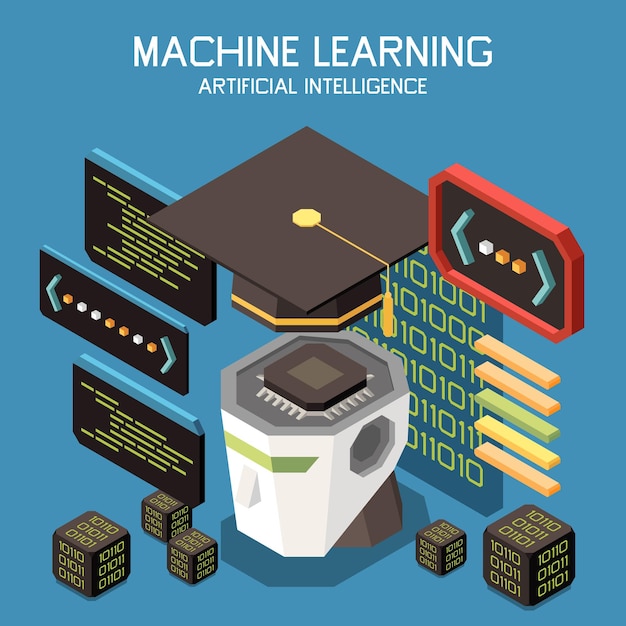 Free vector machine learning isometric composition with text and cubes with code robotic head chip with academic hat vector illustration