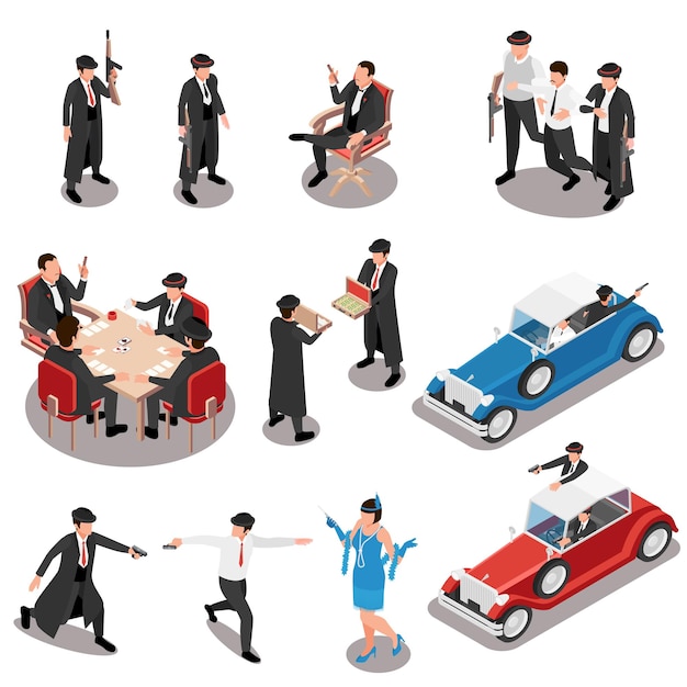 Free vector mafia isometric set of  mafiosi characters with guns in casino and retro auto isolated vector illustration