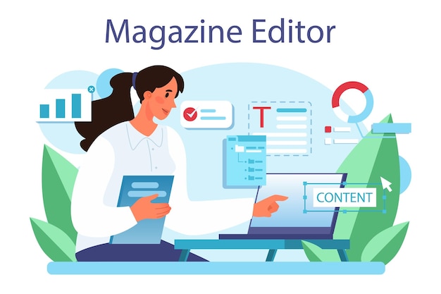 Magazine editor concept Journalist and designer working on magazine article and photo Content selection release plan and promotion Isolated flat vector illustration