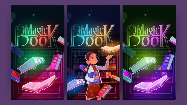 Free Vector magic book cartoon posters girl in night library