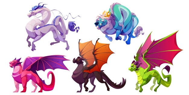 Magic fantasy dragon set for fairy tale game cartoon illustration Isolated fly monster character clipart asset with wings in brown green and pink Ancient mythical dinosaur drawing collection