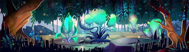 Free vector magic forest with fantasy glowing plants