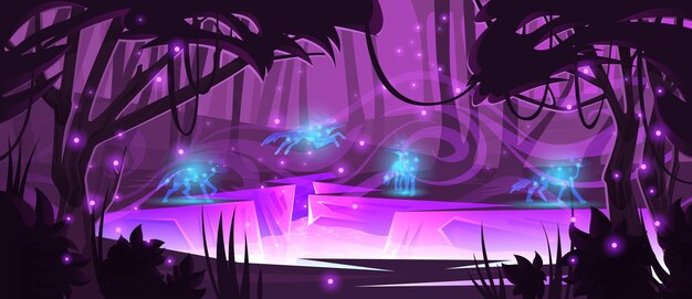 Magic forest with wolves, river and purple light