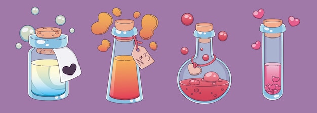 Free Vector magic love potion in glass bottle and flask