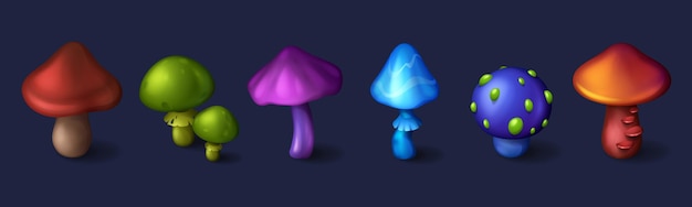 Free vector magic mushroom for game forest interface design cartoon vector illustration set of various fantasy fairy tale fungus isolated on dark background psychedelic alien funny fungi for poison making