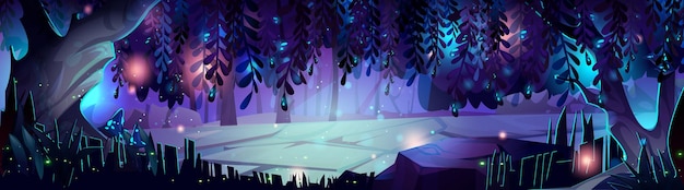 Free Vector magic night forest with neon fireflies