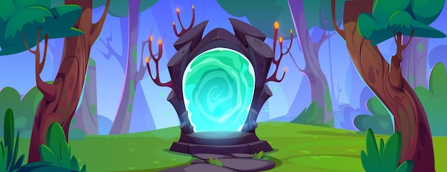 Free Vector magic portal in stone doorway standing in forest