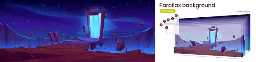 Free vector magic portal in stone frame on mountain landscape at night. vector parallax background for 2d game animation with cartoon fantasy illustration of ancient arch with mystic blue glow