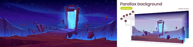 Magic portal in stone frame on mountain landscape at night. Vector parallax background for 2d game animation with cartoon fantasy illustration of ancient arch with mystic blue glow