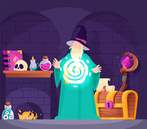 Free Vector magic poster with wizard casting a magician spell cartoon vector illustration