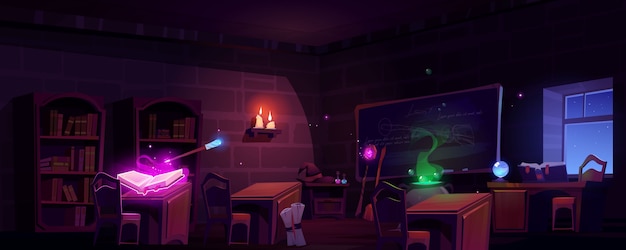 Magic school classroom at night