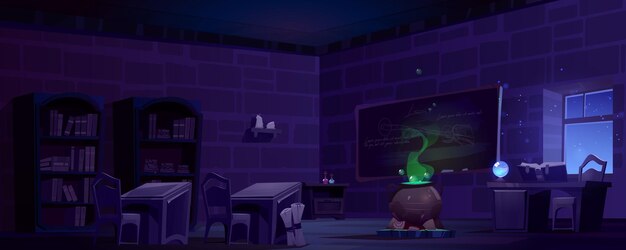 Magic school classroom with cauldron at night