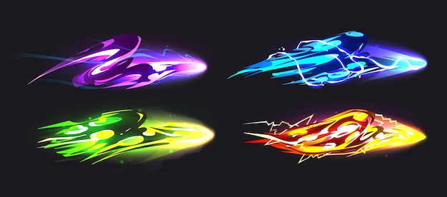 Free vector magic spell game vfx light trail in neon green isolated on dark background magician witch energy effect with purple shine and sparkle vector cartoon ui kit fantasy cosmic vibrant wizard shape