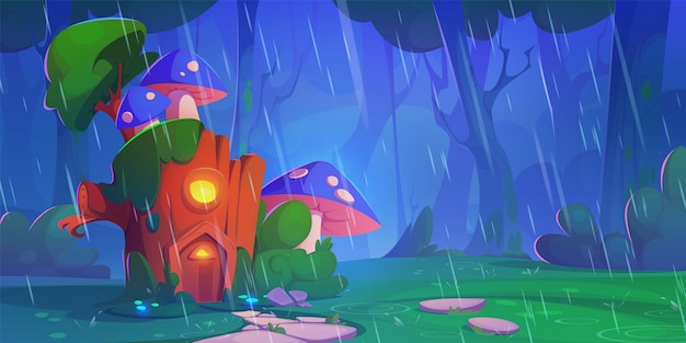 Free Vector magic wonderland with fairy wood house under rain