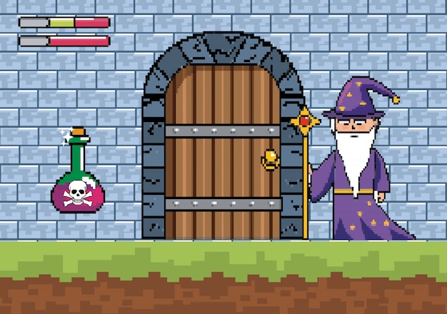 Free Vector magician with magic wand and danger potion in the castle door