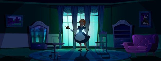 Maid in apron in dark living room at night