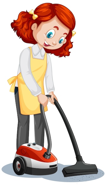 Free Vector maid cartoon character wearing uniform using vacuum cleaner