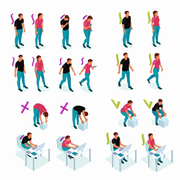 Maintaining good healthy correct alignment of body parts vs bad poor posture examples isometric set vector illustration