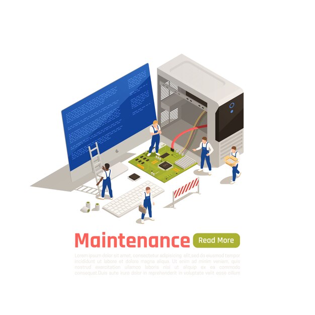 Maintenance isometric design concept with little technicians around big icon of disassembled system unit of broken computer