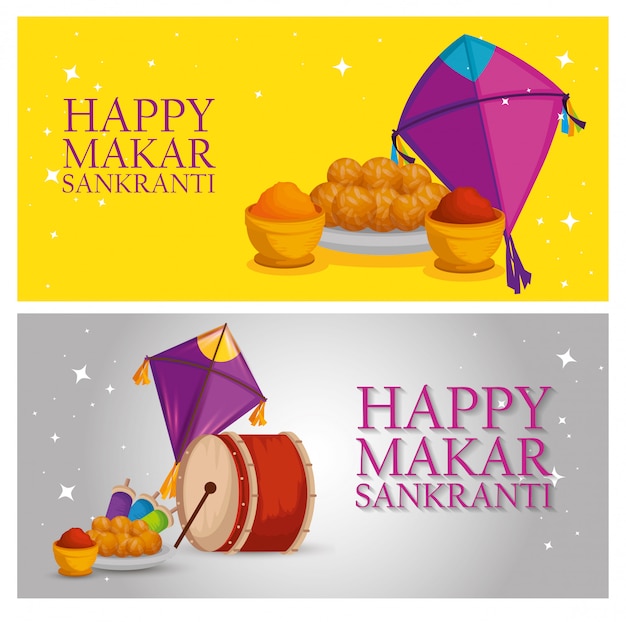 Makar Sankranti greeting with kites banners