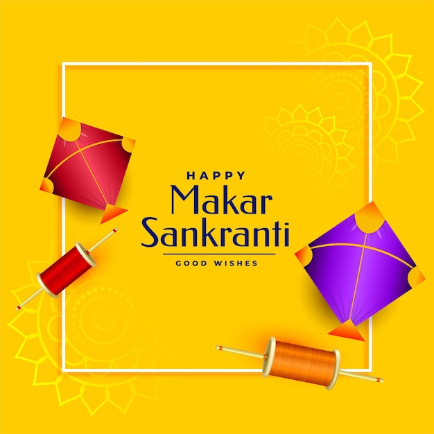 Free Vector makar sankranti yellow greeting with two kites and spool of string