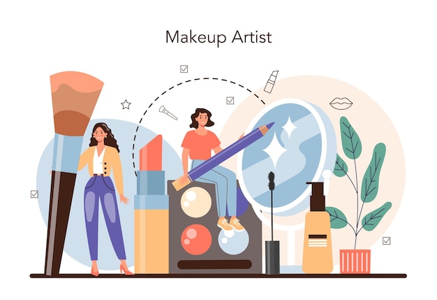 Make up artist concept Professional artist doing a beauty procedure applying cosmetics on the face Visagiste doing makeup to a model using a brush Flat vector illustration