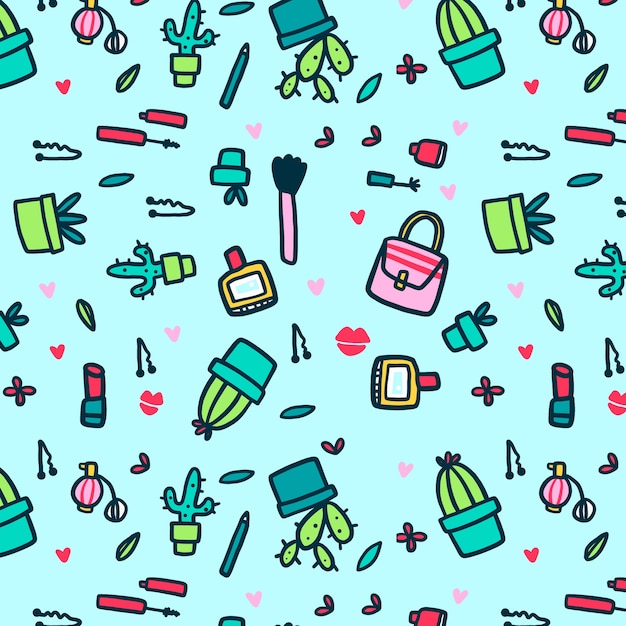 Make-up and cacti seamless pattern