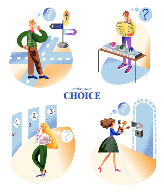 Make your choice concept scenes set Man thinks chooses road at crossroads press button girl choosing door key to lock illustration of opportunity decision making three options