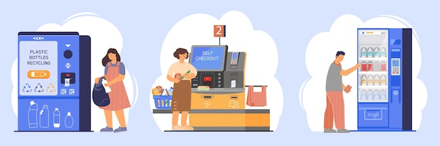 Making purchases using self service machines set flat vector illustration