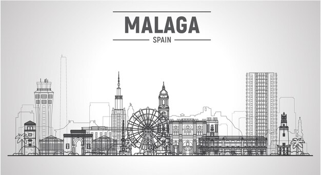 Malaga Spain Andalusia line skyline with panorama at white background Vector Illustration Business travel and tourism concept with modern buildings Image for banner or web site